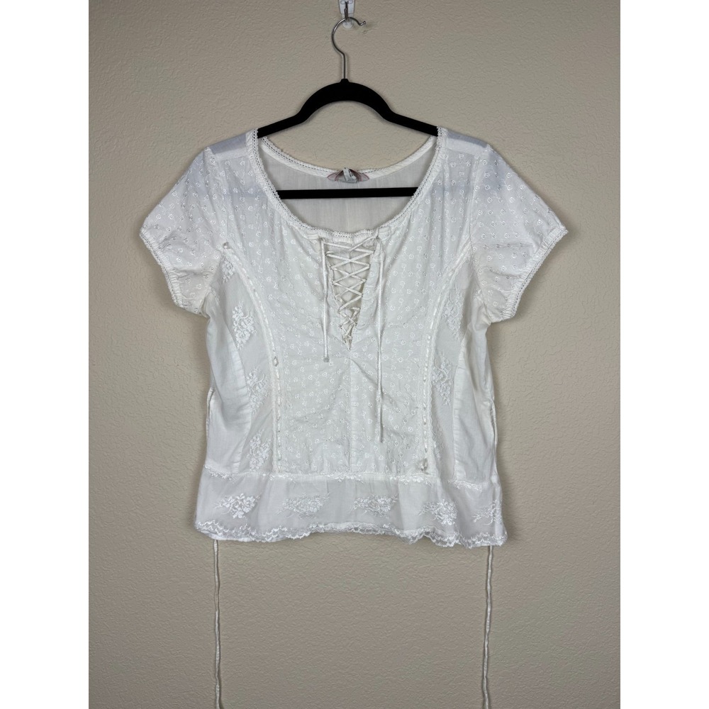 Vtg Aeropostale Y2K Womens White Embroidered Lace Up Tie Back Top Sz XL *read